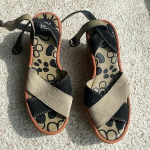 Fly London suede & leather sandals. Tan & black w/ orange accents. EU38 or 7 US